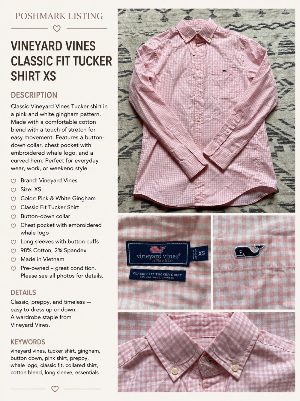 Vineyard Vines Pink Gingham Classic Fit Tucker Shirt XS